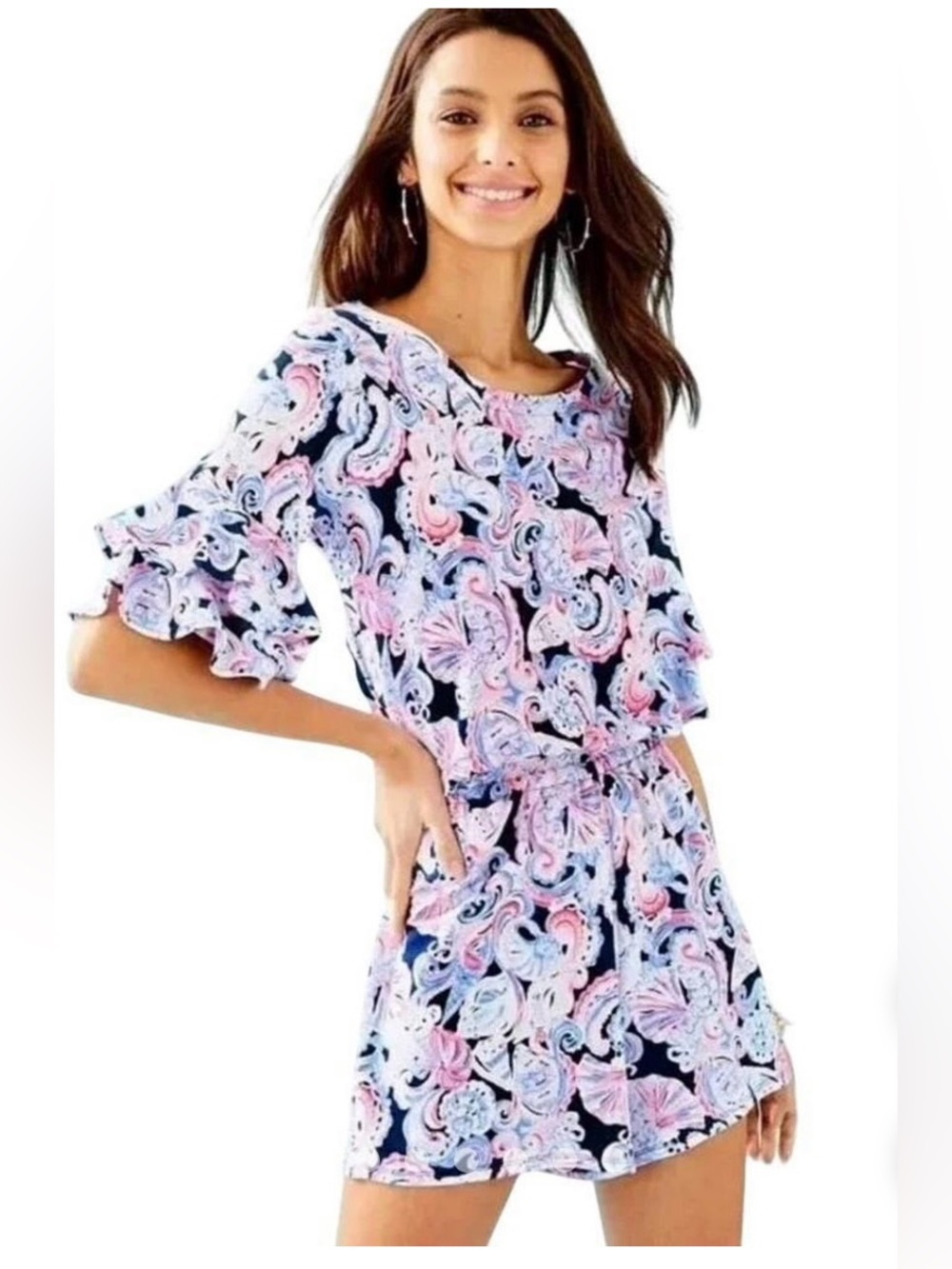 Ruffled Sleeve Paisley Mini Romper in Navy, Pink & Light Blue